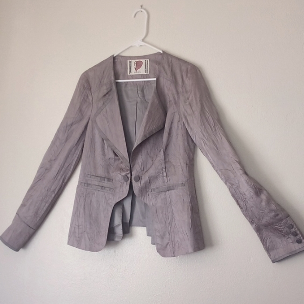Free People Black Crinkle Satin Tuxedo Blazer Jacket Size 4 Glam Chic